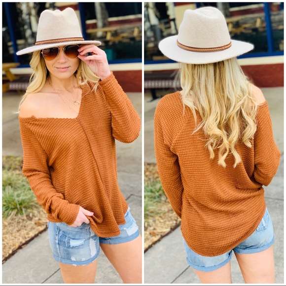 CASUAL FRIDAY WAFFLE KNIT TOP-CAMEL - Picture 3 of 3